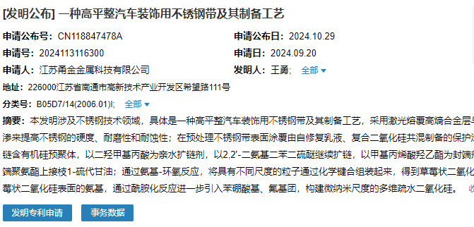 江蘇甬金成功申請(qǐng)“一種高平整汽車(chē)裝飾用不銹鋼帶及其制備工藝”專(zhuān)利